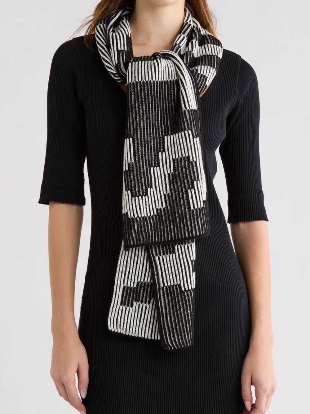 AllSaints Black White Underground Plaited Scarf Knit Logo